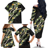 Puakenikeni Anthurium Pikake Lei Family Matching Off The Shoulder Long Sleeve Dress and Hawaiian Shirt Hawaiian Quilt Pattern