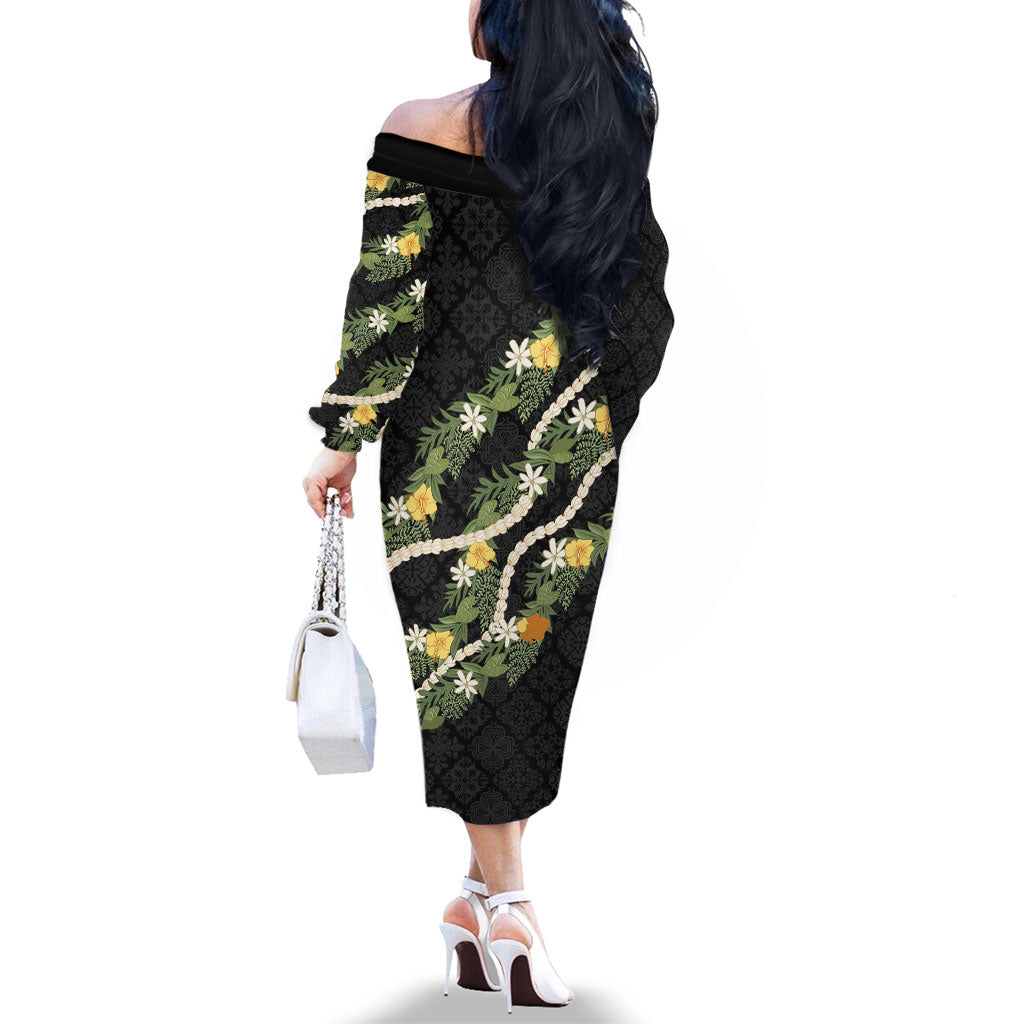 Puakenikeni Anthurium Pikake Lei Family Matching Off The Shoulder Long Sleeve Dress and Hawaiian Shirt Hawaiian Quilt Pattern