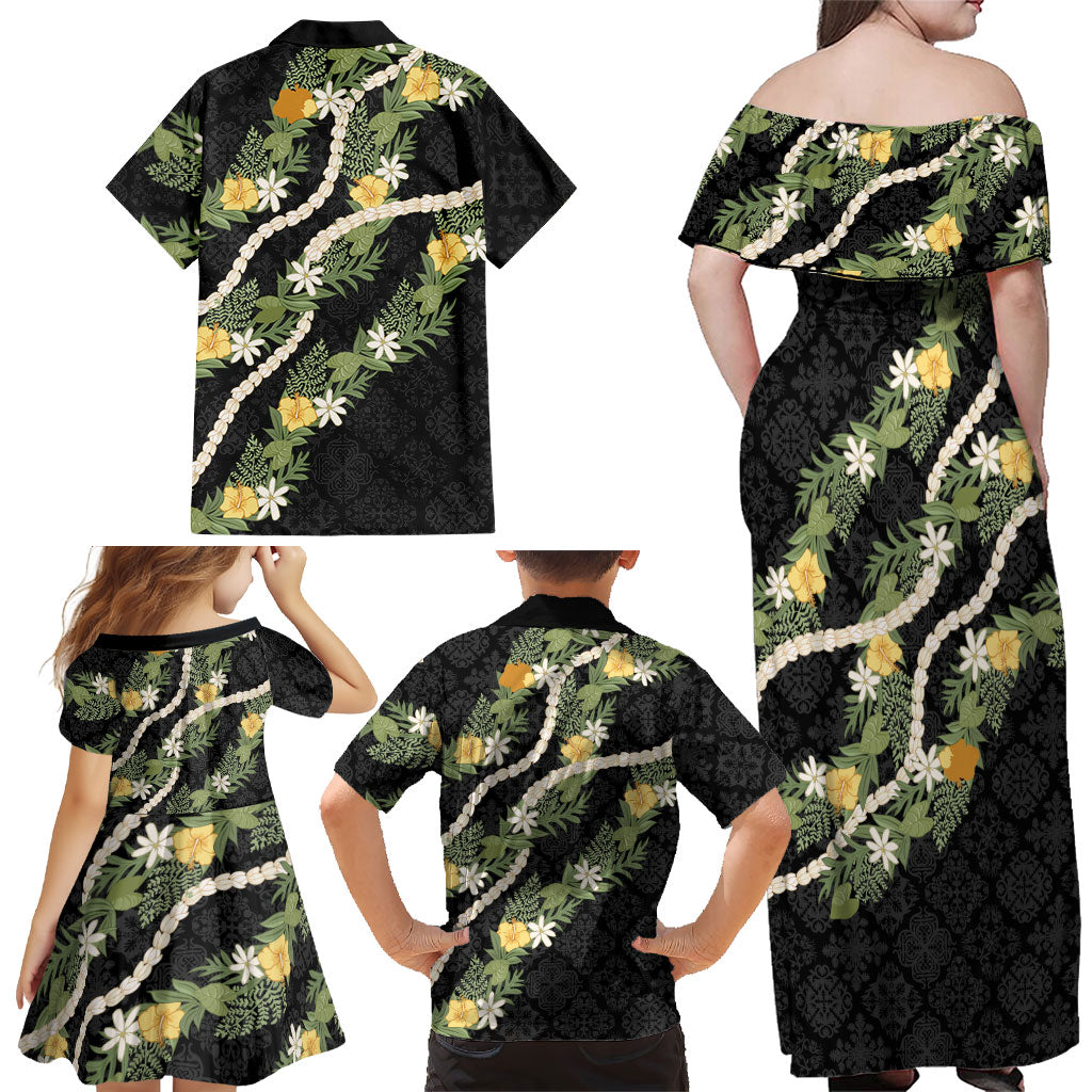 Puakenikeni Anthurium Pikake Lei Family Matching Off Shoulder Maxi Dress and Hawaiian Shirt Hawaiian Quilt Pattern