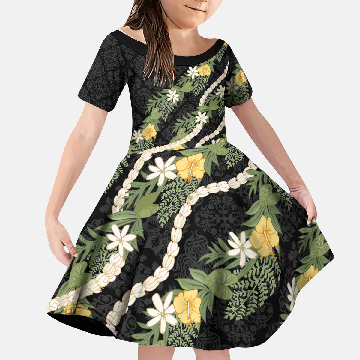 Puakenikeni Anthurium Pikake Lei Kid Short Sleeve Dress Hawaiian Quilt Pattern