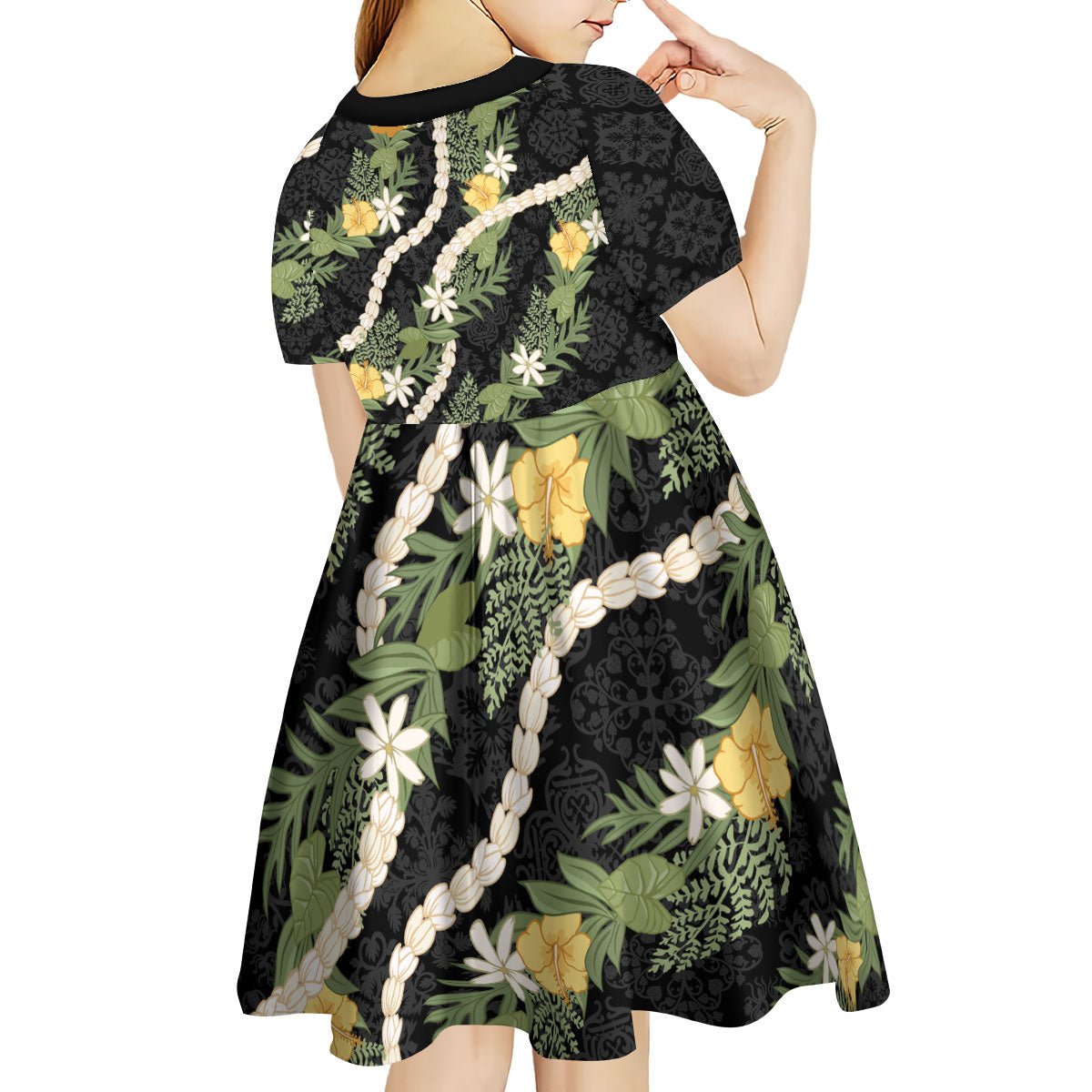 Puakenikeni Anthurium Pikake Lei Kid Short Sleeve Dress Hawaiian Quilt Pattern