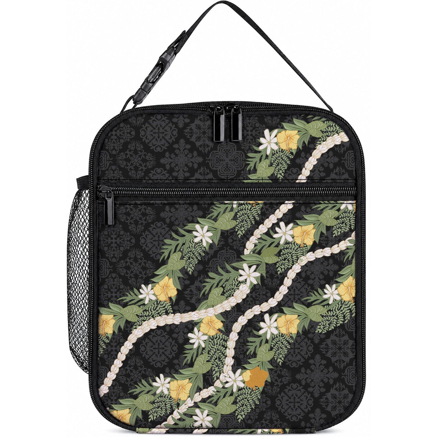 Puakenikeni Anthurium Pikake Lei Lunch Bag Hawaiian Quilt Pattern LT9 10.2 × 8.3 × 4.3 inch Black - Polynesian Pride