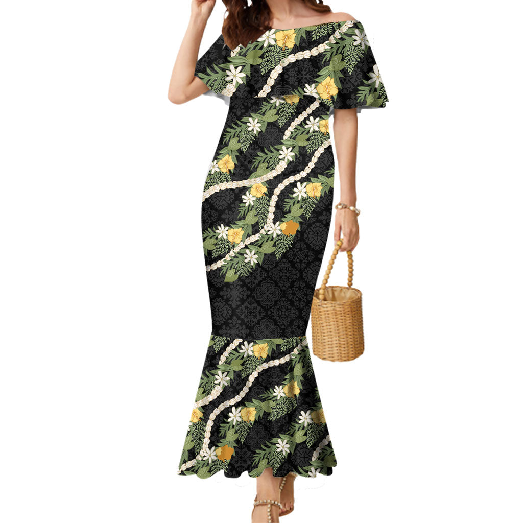 Puakenikeni Anthurium Pikake Lei Mermaid Dress Hawaiian Quilt Pattern LT9 Women Black - Polynesian Pride