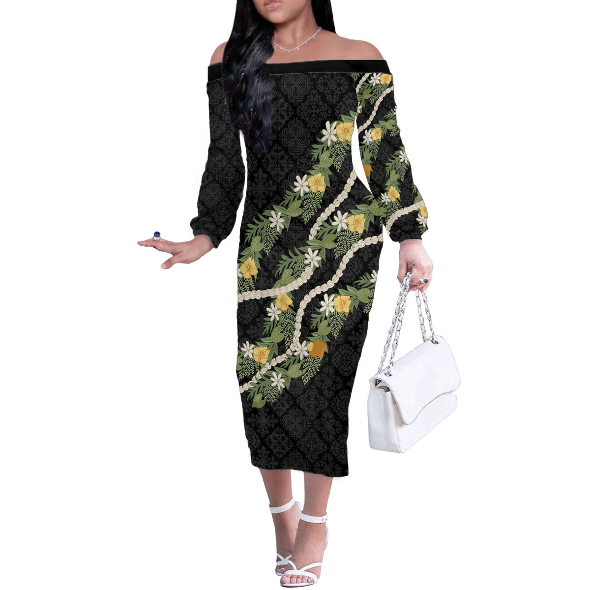 Puakenikeni Anthurium Pikake Lei Off The Shoulder Long Sleeve Dress Hawaiian Quilt Pattern LT9 Women Black - Polynesian Pride