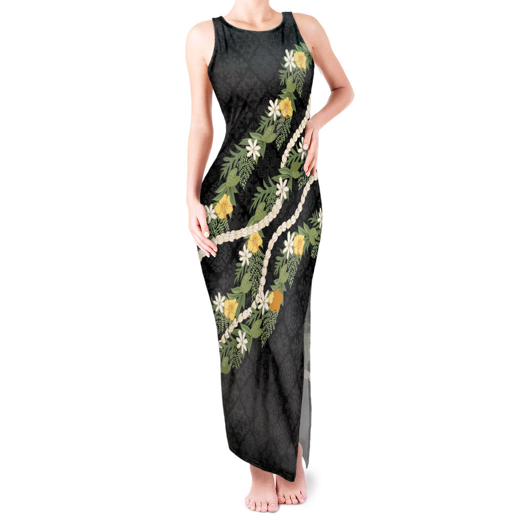 Puakenikeni Anthurium Pikake Lei Tank Maxi Dress Hawaiian Quilt Pattern LT9 Women Black - Polynesian Pride