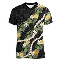 Puakenikeni Anthurium Pikake Lei Women V-Neck T-Shirt Hawaiian Quilt Pattern LT9 Female Black - Polynesian Pride