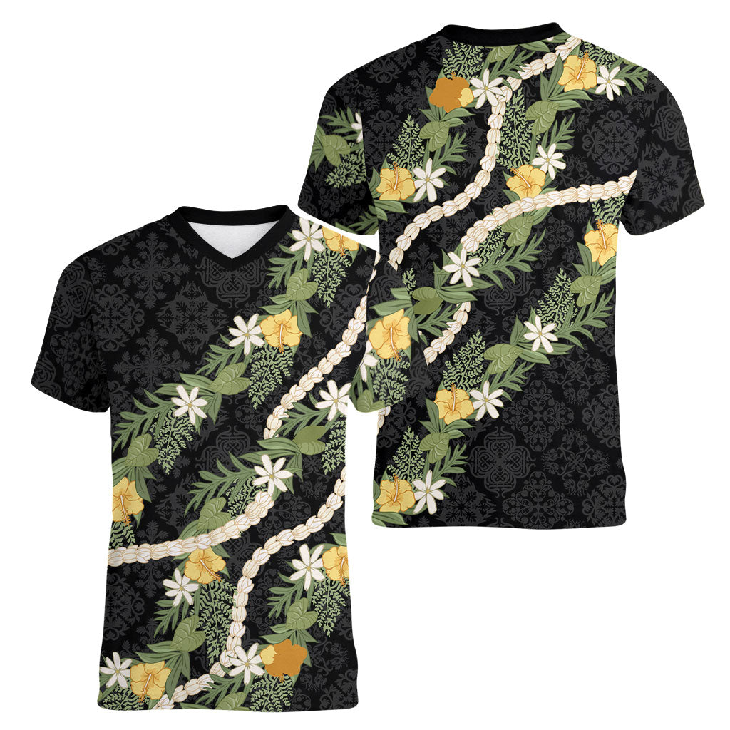 Puakenikeni Anthurium Pikake Lei Women V-Neck T-Shirt Hawaiian Quilt Pattern LT9 - Polynesian Pride