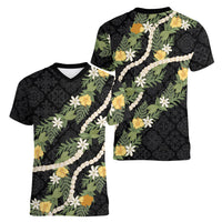 Puakenikeni Anthurium Pikake Lei Women V-Neck T-Shirt Hawaiian Quilt Pattern LT9 - Polynesian Pride