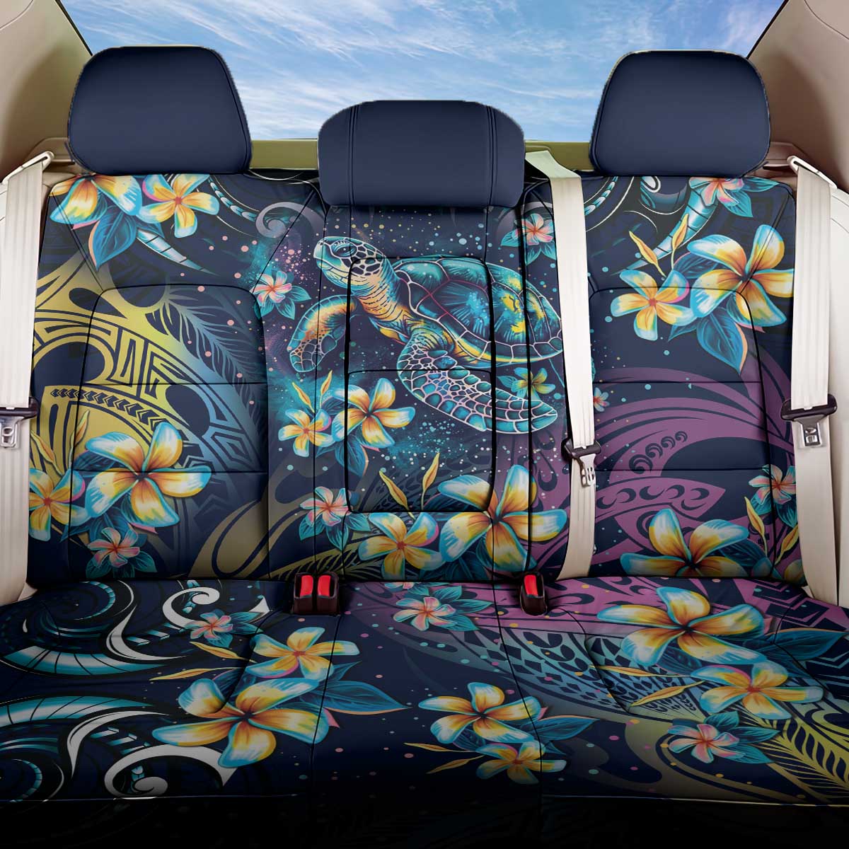 Plumeria Turtles Traditional Tribal Back Car Seat Cover LT9 One Size Black - Polynesian Pride
