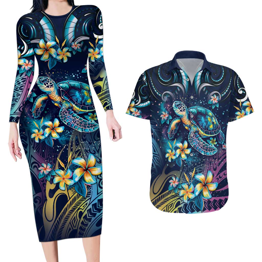 Plumeria Turtles Traditional Tribal Couples Matching Long Sleeve Bodycon Dress and Hawaiian Shirt LT9 Black - Polynesian Pride
