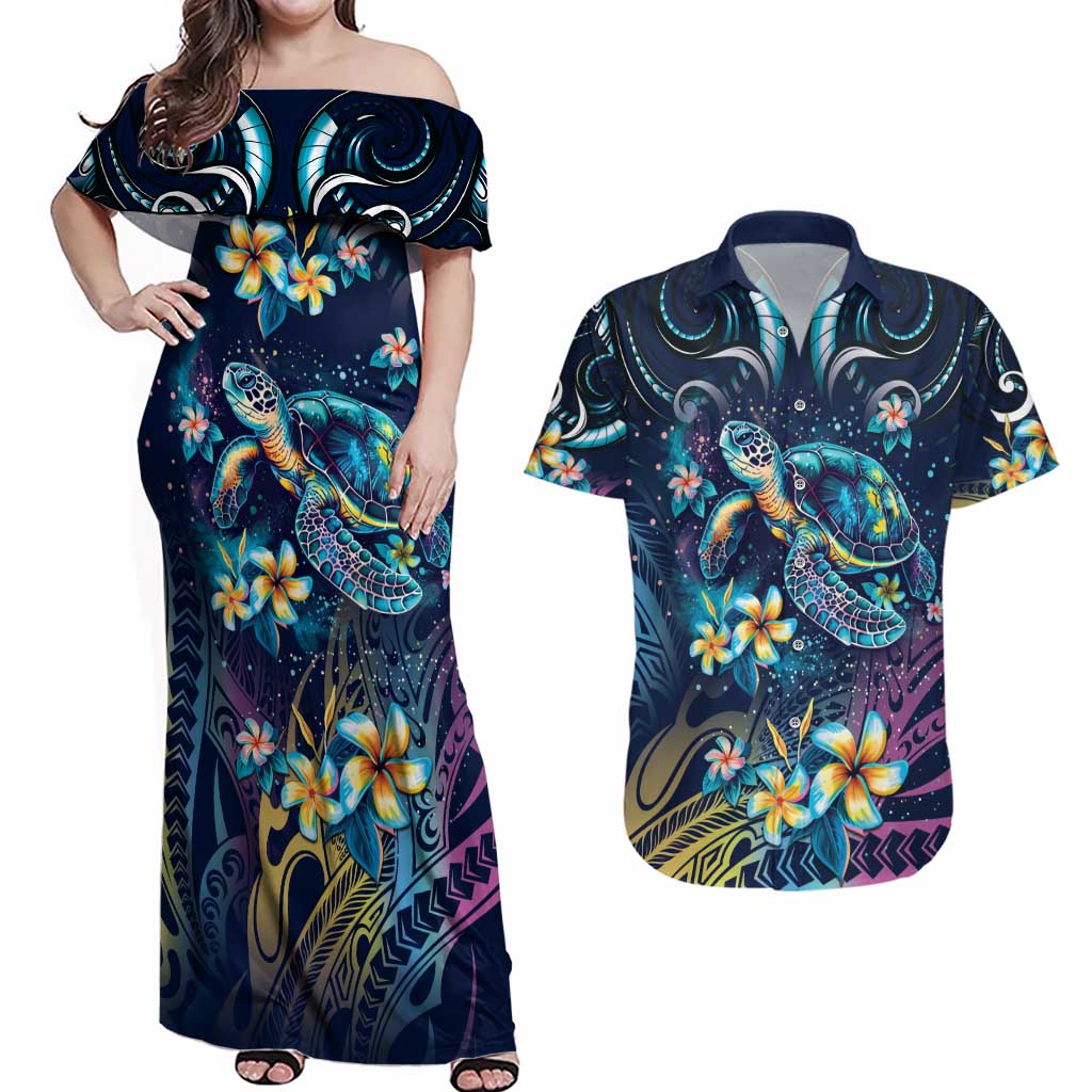 Plumeria Turtles Traditional Tribal Couples Matching Off Shoulder Maxi Dress and Hawaiian Shirt