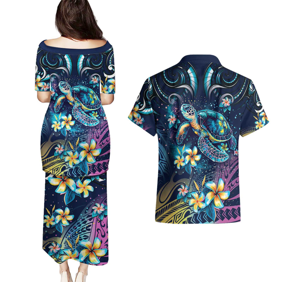 Plumeria Turtles Traditional Tribal Couples Matching Puletasi and Hawaiian Shirt LT9 - Polynesian Pride