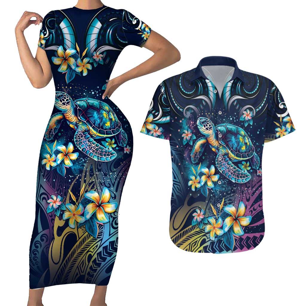 Plumeria Turtles Traditional Tribal Couples Matching Short Sleeve Bodycon Dress and Hawaiian Shirt