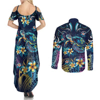 Plumeria Turtles Traditional Tribal Couples Matching Summer Maxi Dress and Long Sleeve Button Shirt