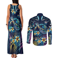 Plumeria Turtles Traditional Tribal Couples Matching Tank Maxi Dress and Long Sleeve Button Shirt LT9 - Polynesian Pride