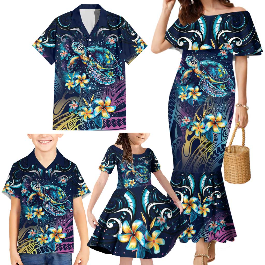 Plumeria Turtles Traditional Tribal Family Matching Mermaid Dress and Hawaiian Shirt