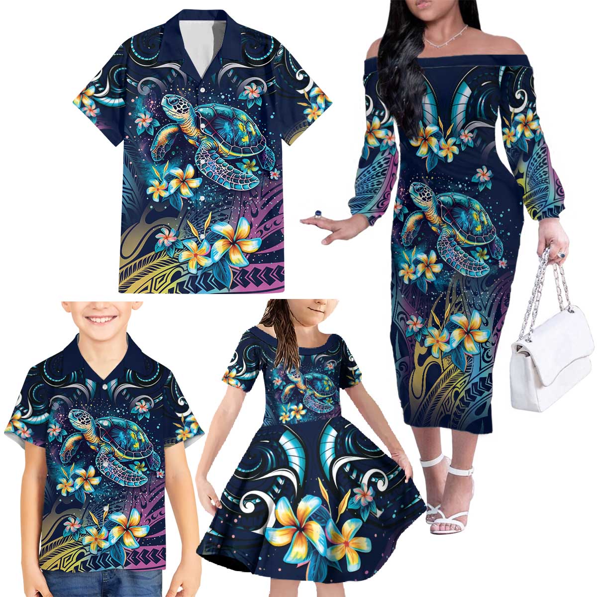 Plumeria Turtles Traditional Tribal Family Matching Off The Shoulder Long Sleeve Dress and Hawaiian Shirt