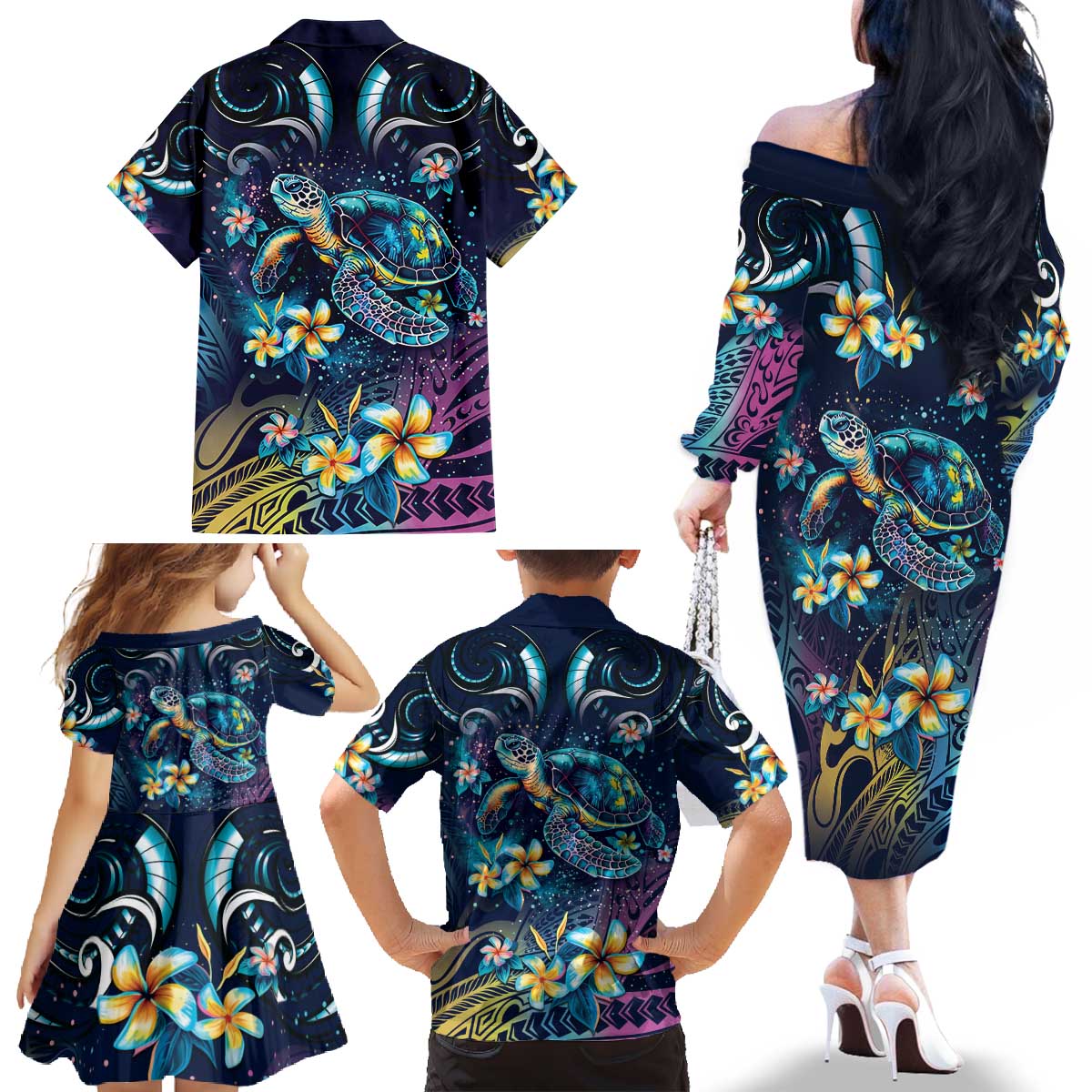 Plumeria Turtles Traditional Tribal Family Matching Off The Shoulder Long Sleeve Dress and Hawaiian Shirt