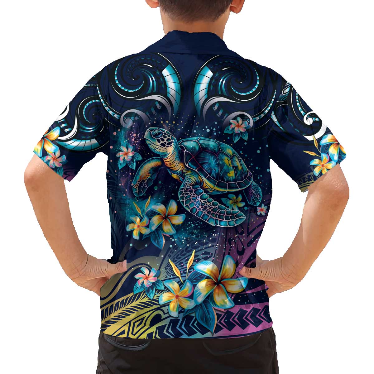Plumeria Turtles Traditional Tribal Family Matching Off Shoulder Short Dress and Hawaiian Shirt