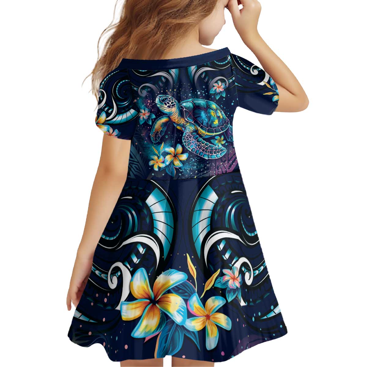 Plumeria Turtles Traditional Tribal Family Matching Off Shoulder Short Dress and Hawaiian Shirt