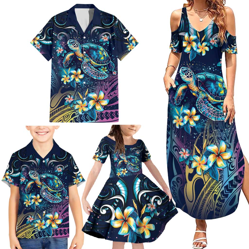 Plumeria Turtles Traditional Tribal Family Matching Summer Maxi Dress and Hawaiian Shirt