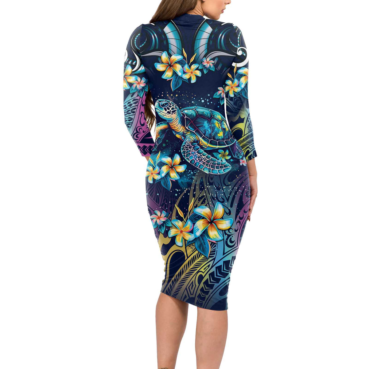 Plumeria Turtles Traditional Tribal Long Sleeve Bodycon Dress