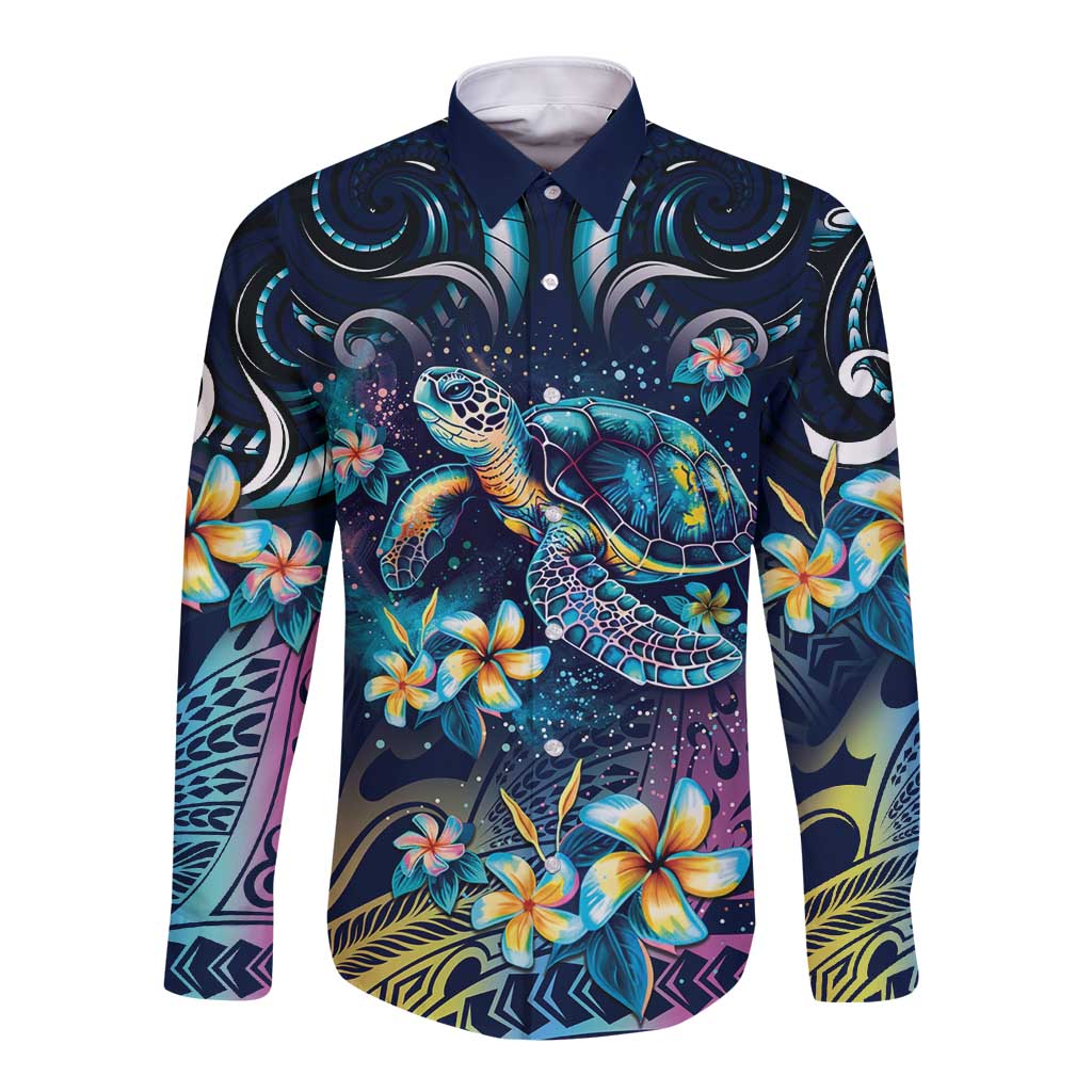 Plumeria Turtles Traditional Tribal Long Sleeve Button Shirt LT9 Unisex Black - Polynesian Pride