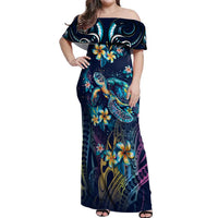 Plumeria Turtles Traditional Tribal Off Shoulder Maxi Dress LT9 Women Black - Polynesian Pride