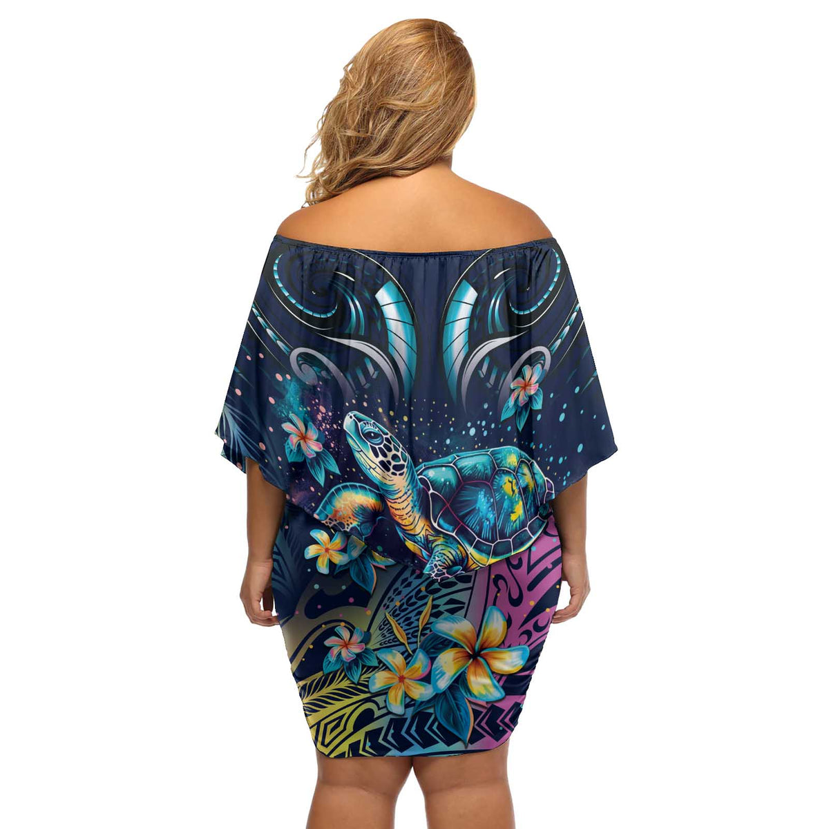 Plumeria Turtles Traditional Tribal Off Shoulder Short Dress LT9 - Polynesian Pride