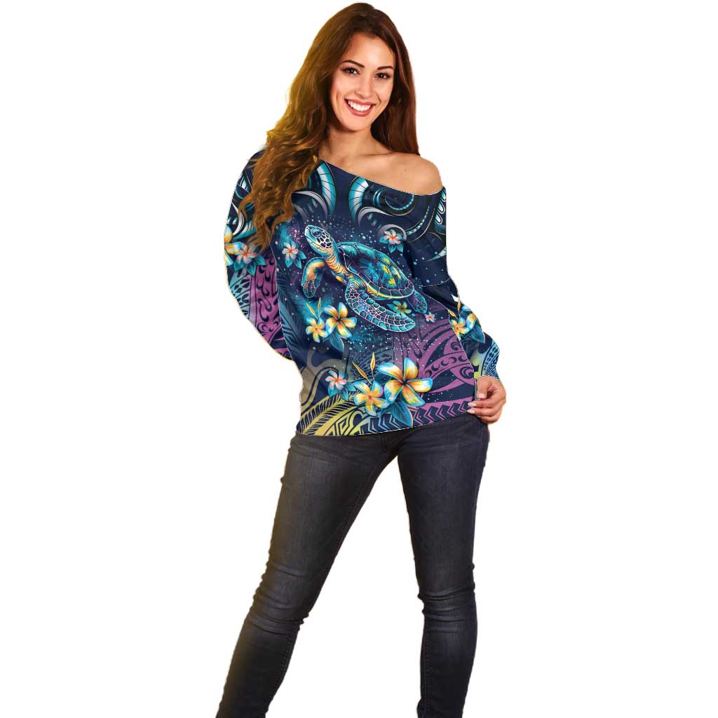 Plumeria Turtles Traditional Tribal Off Shoulder Sweater