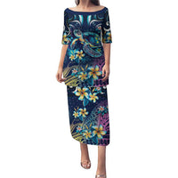 Plumeria Turtles Traditional Tribal Puletasi LT9 Long Dress Black - Polynesian Pride