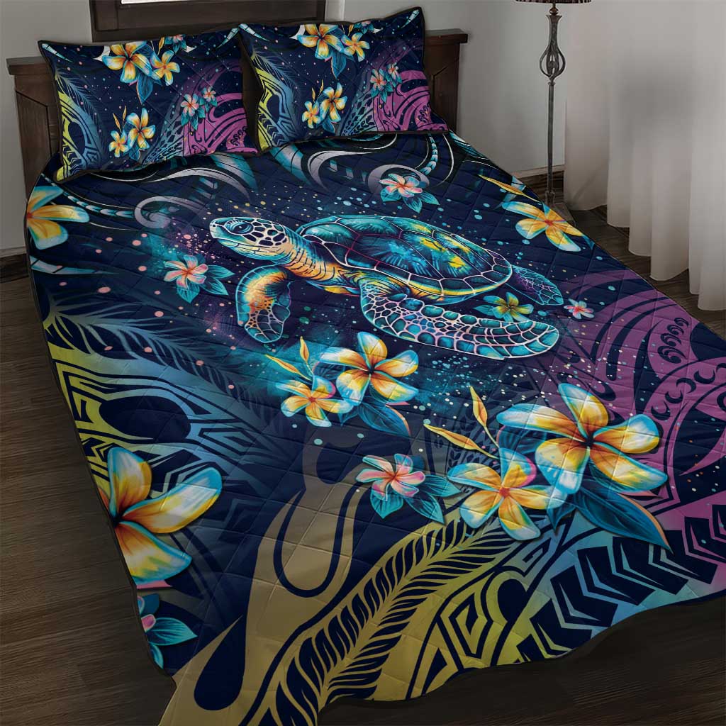 Plumeria Turtles Traditional Tribal Quilt Bed Set LT9 Black - Polynesian Pride