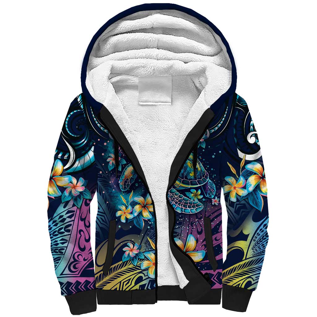 Plumeria Turtles Traditional Tribal Sherpa Hoodie LT9 Unisex Black - Polynesian Pride