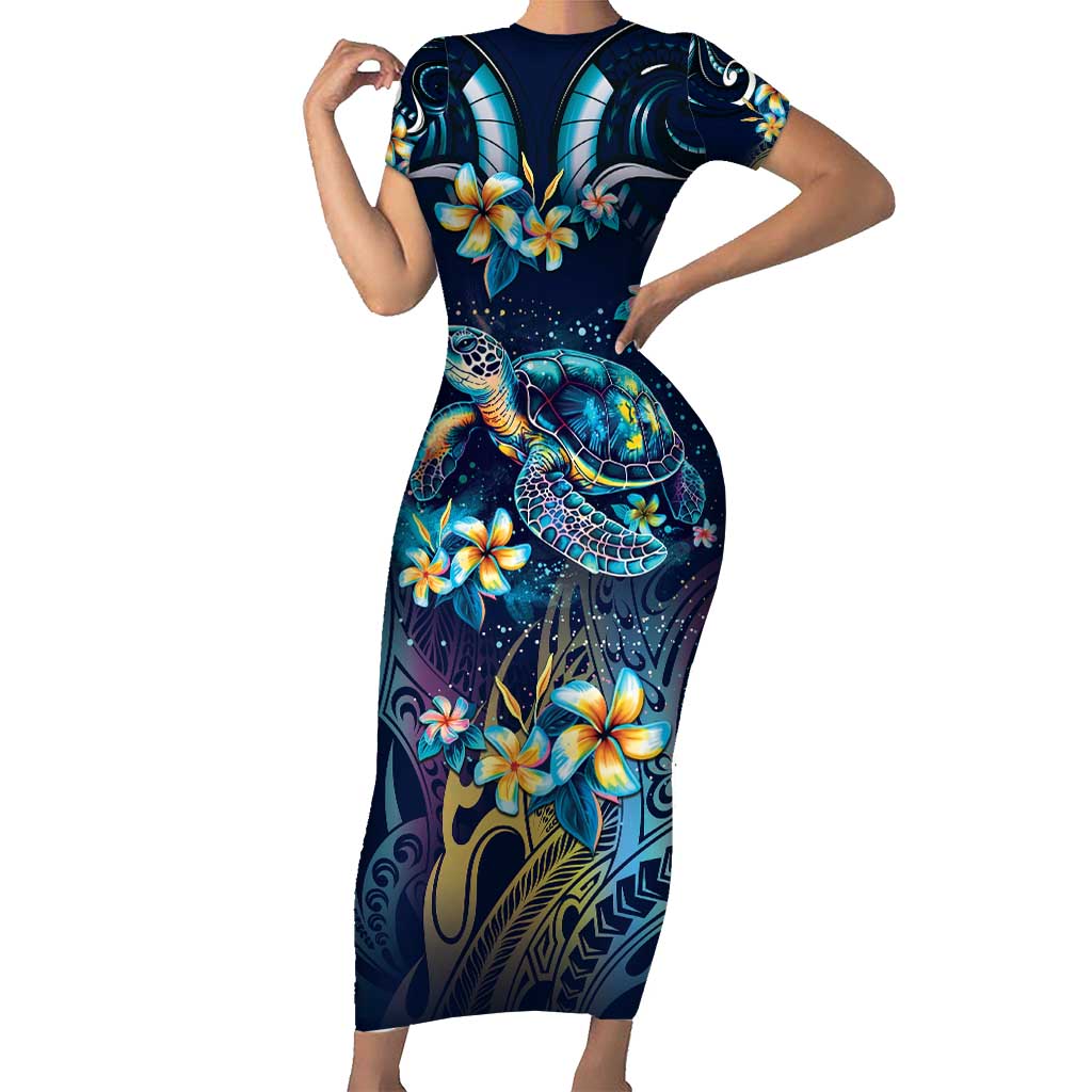 Plumeria Turtles Traditional Tribal Short Sleeve Bodycon Dress