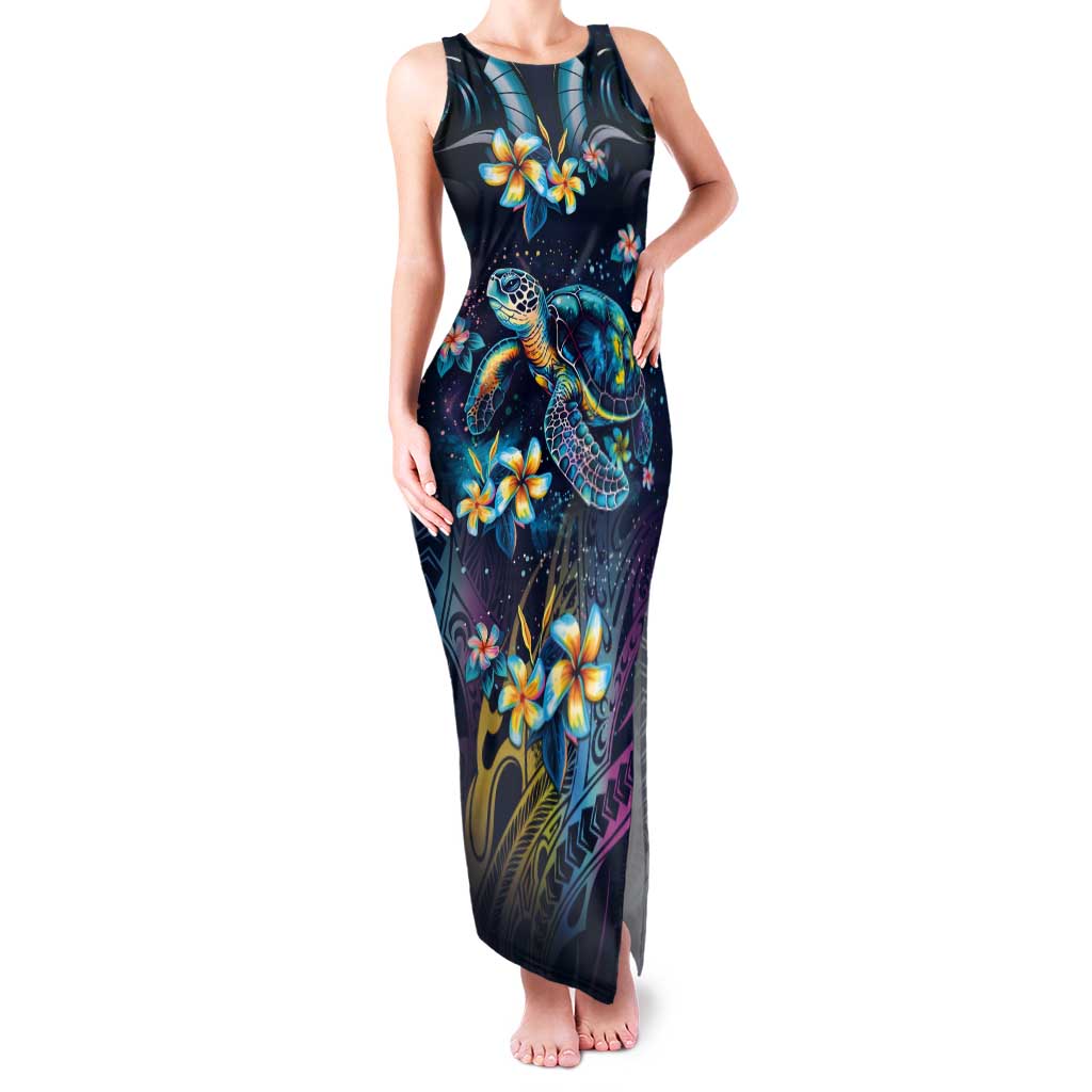 Plumeria Turtles Traditional Tribal Tank Maxi Dress LT9 Women Black - Polynesian Pride