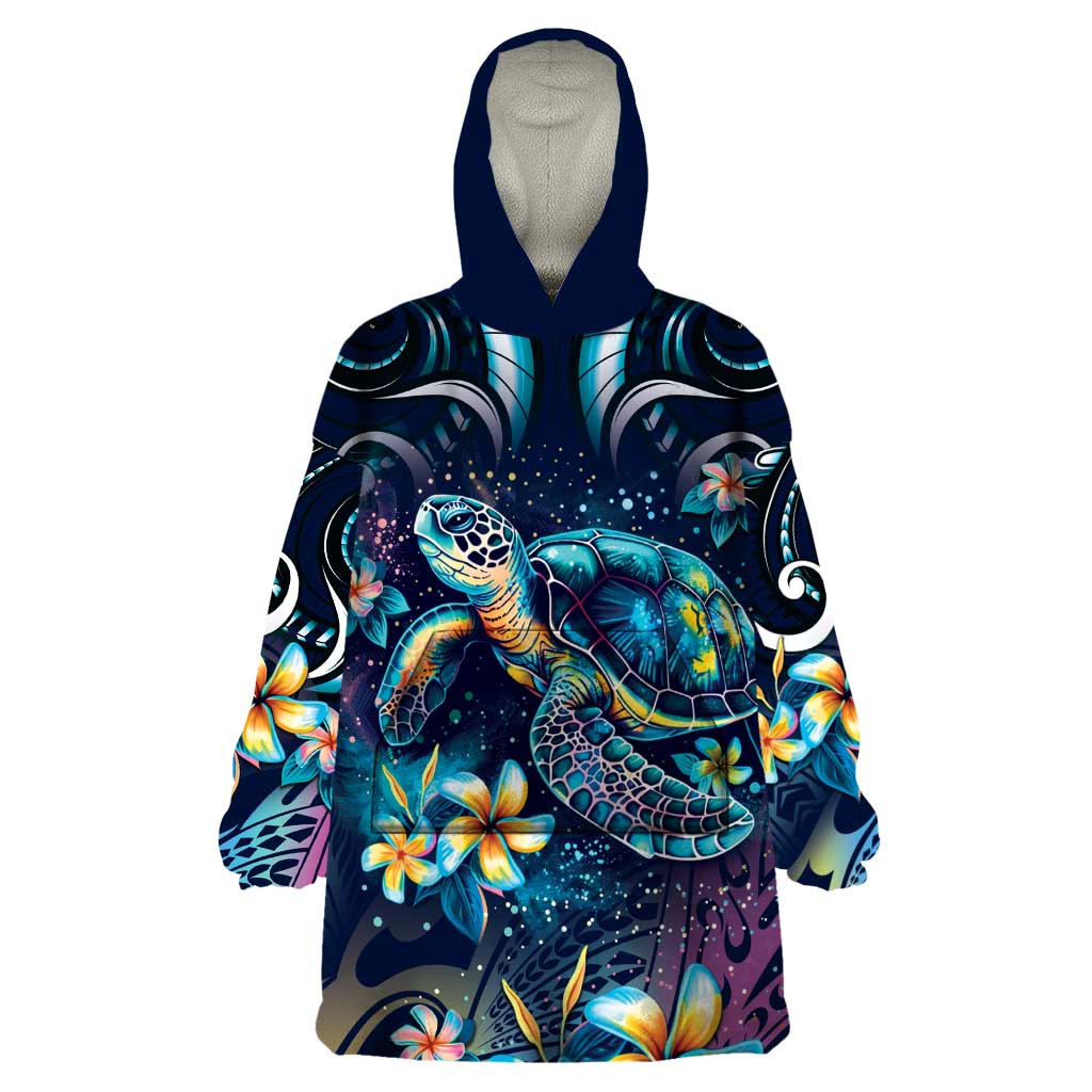Plumeria Turtles Traditional Tribal Wearable Blanket Hoodie LT9 One Size Black - Polynesian Pride