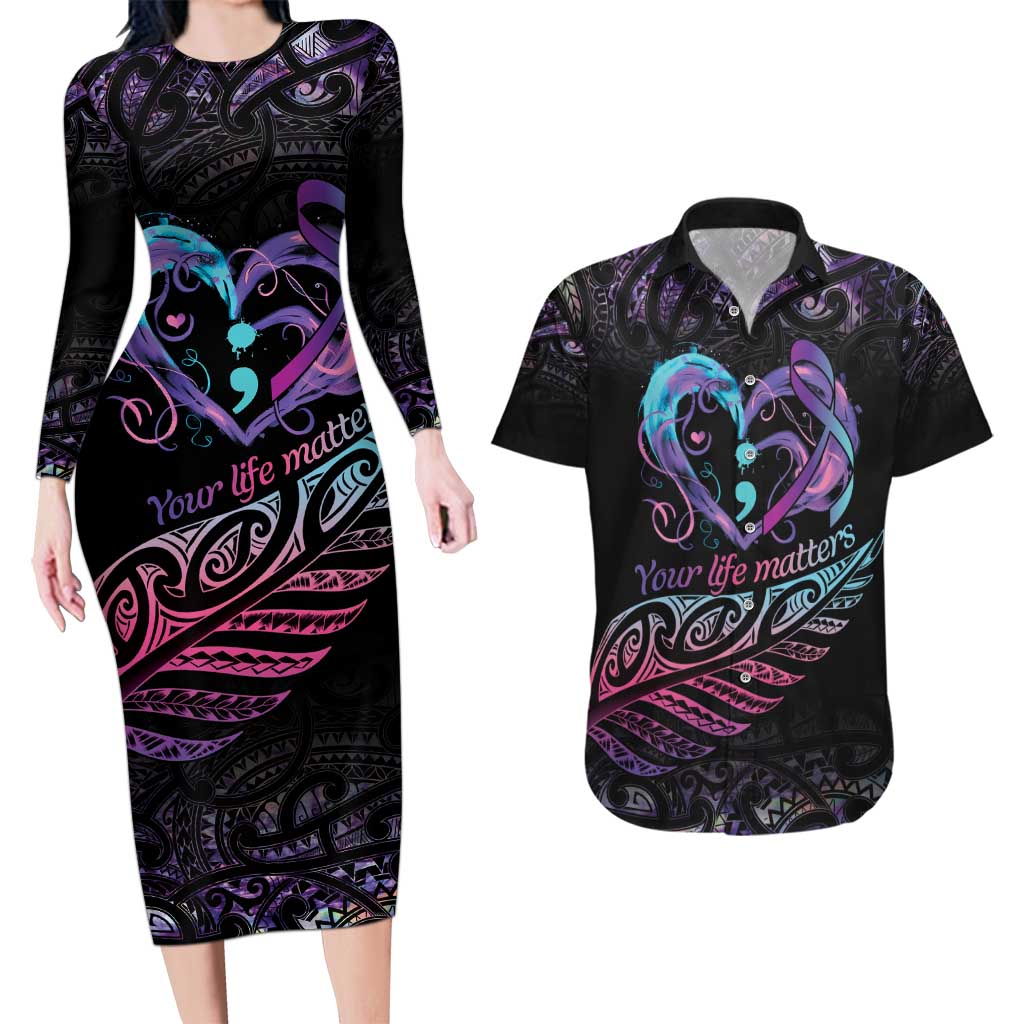 Personalised Your Life Matters Couples Matching Long Sleeve Bodycon Dress and Hawaiian Shirt Suicide Prevention Awareness Semicolon Heart