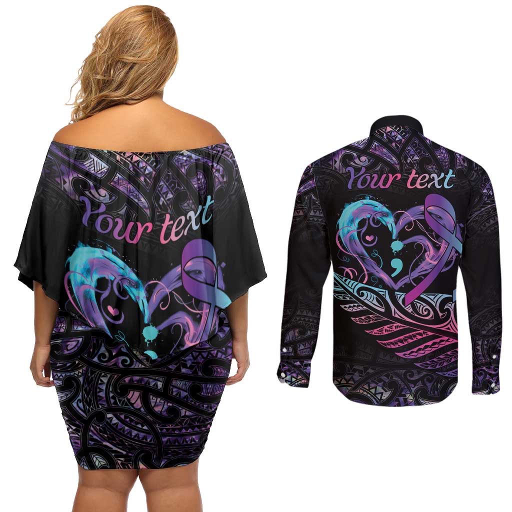 Personalised Your Life Matters Couples Matching Off Shoulder Short Dress and Long Sleeve Button Shirt Suicide Prevention Awareness Semicolon Heart