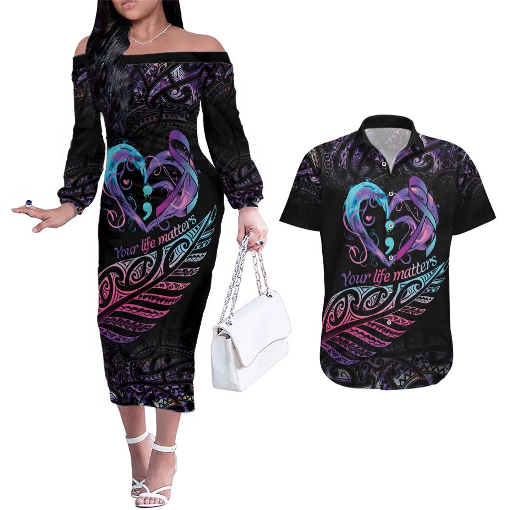 Personalised Your Life Matters Couples Matching Off The Shoulder Long Sleeve Dress and Hawaiian Shirt Suicide Prevention Awareness Semicolon Heart LT9 Black - Polynesian Pride