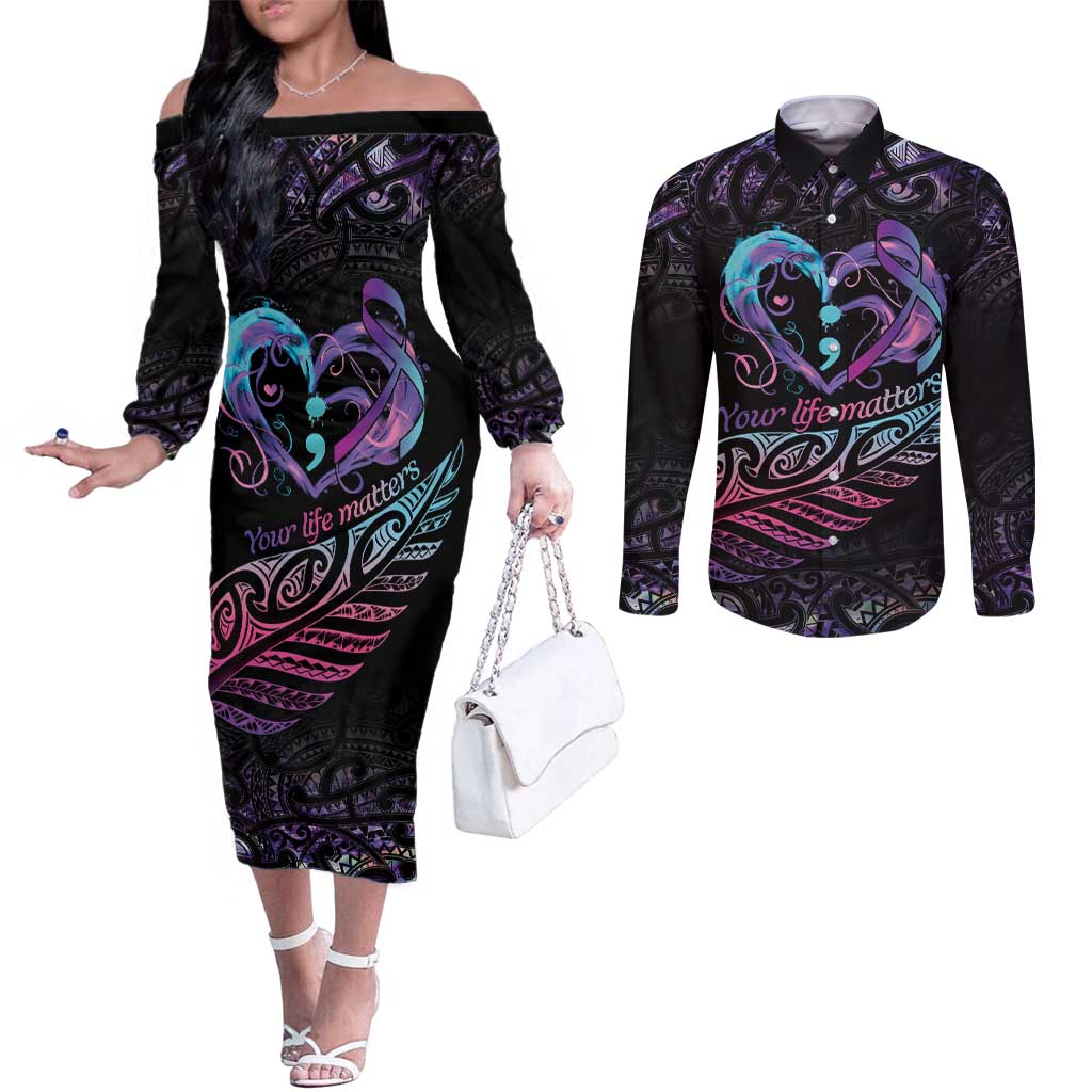 Personalised Your Life Matters Couples Matching Off The Shoulder Long Sleeve Dress and Long Sleeve Button Shirt Suicide Prevention Awareness Semicolon Heart LT9 Black - Polynesian Pride