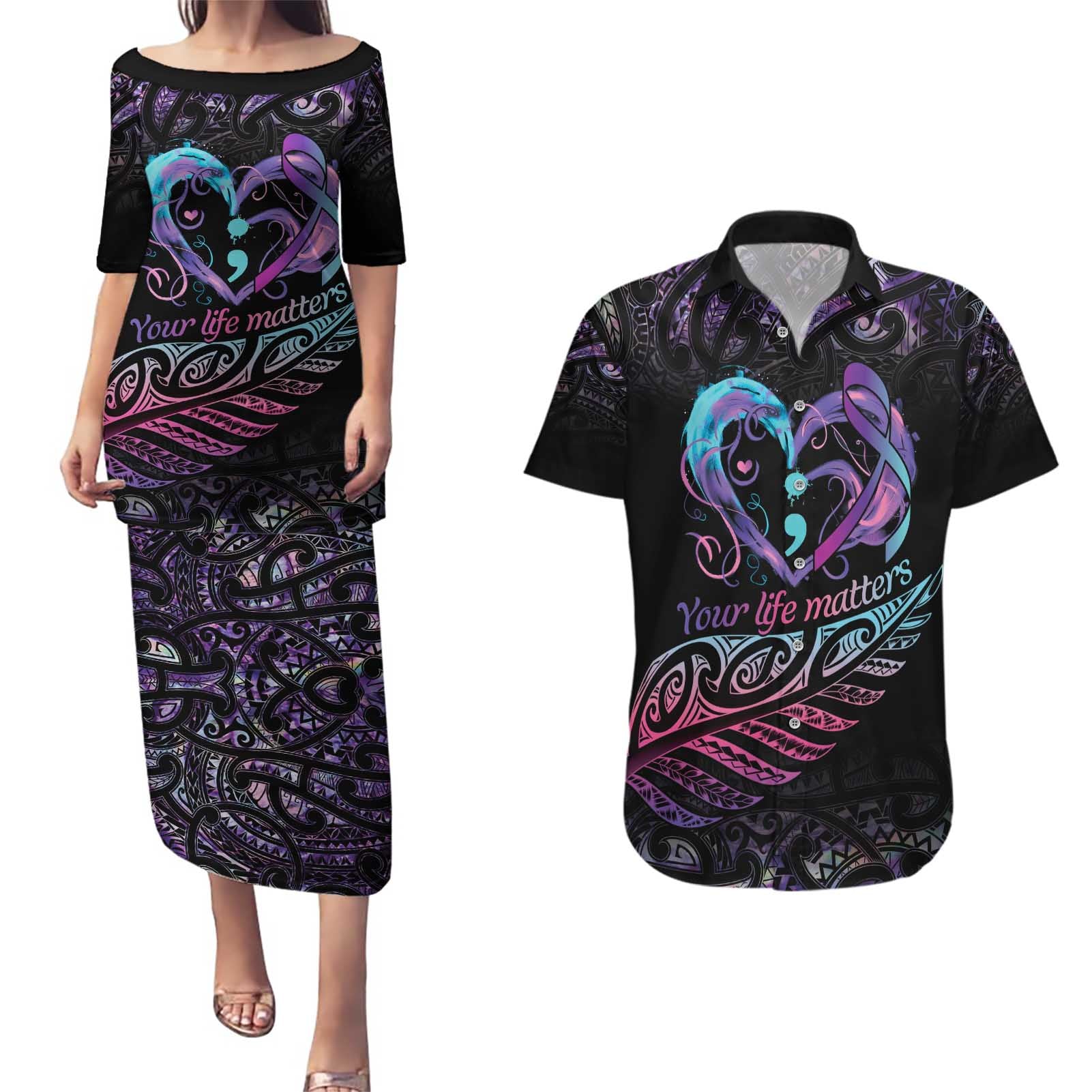Personalised Your Life Matters Couples Matching Puletasi and Hawaiian Shirt Suicide Prevention Awareness Semicolon Heart