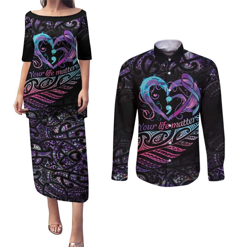Personalised Your Life Matters Couples Matching Puletasi and Long Sleeve Button Shirt Suicide Prevention Awareness Semicolon Heart LT9 Black - Polynesian Pride