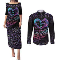 Personalised Your Life Matters Couples Matching Puletasi and Long Sleeve Button Shirt Suicide Prevention Awareness Semicolon Heart LT9 Black - Polynesian Pride