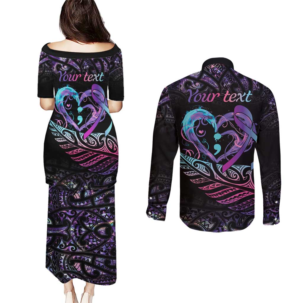 Personalised Your Life Matters Couples Matching Puletasi and Long Sleeve Button Shirt Suicide Prevention Awareness Semicolon Heart LT9 - Polynesian Pride