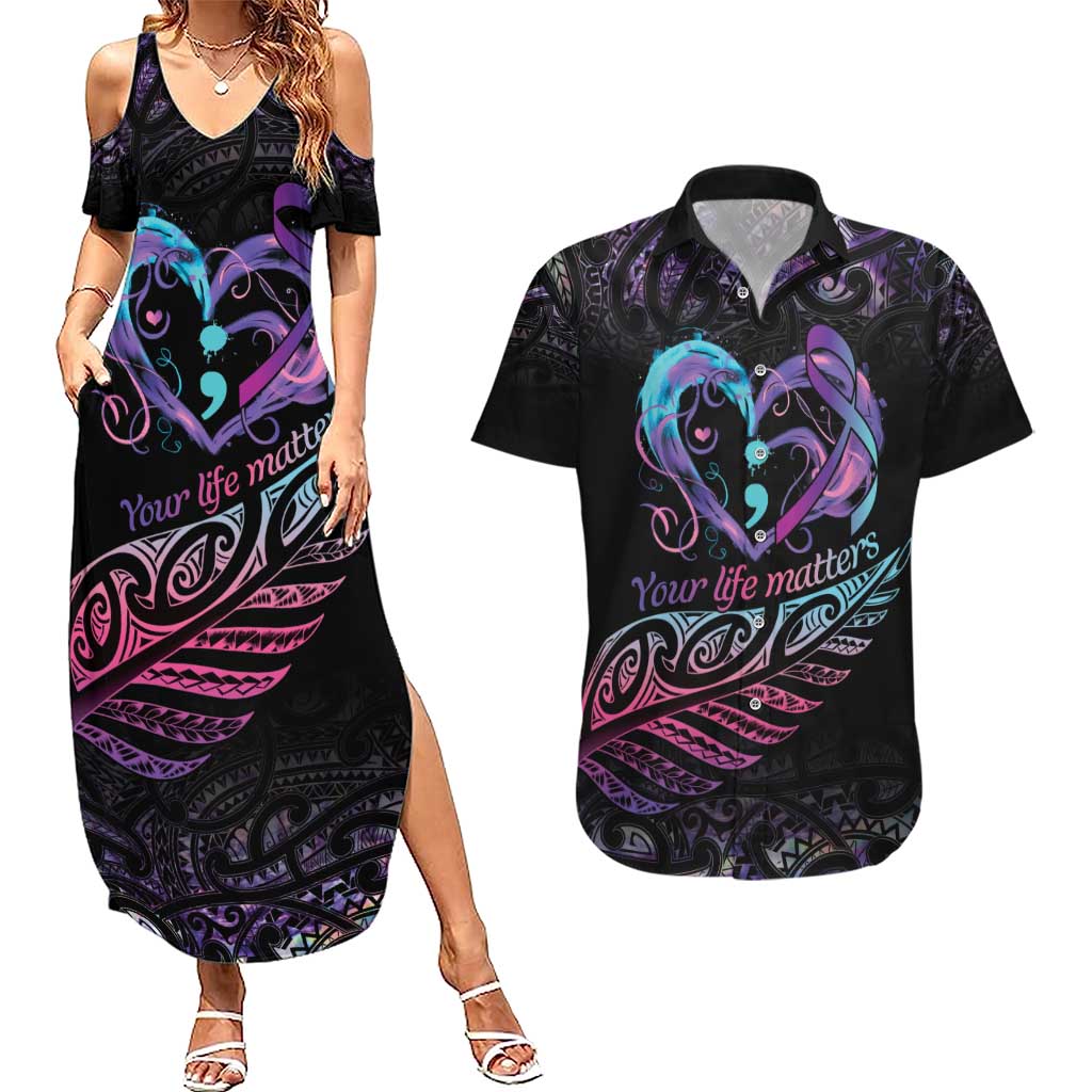 Personalised Your Life Matters Couples Matching Summer Maxi Dress and Hawaiian Shirt Suicide Prevention Awareness Semicolon Heart LT9 Black - Polynesian Pride