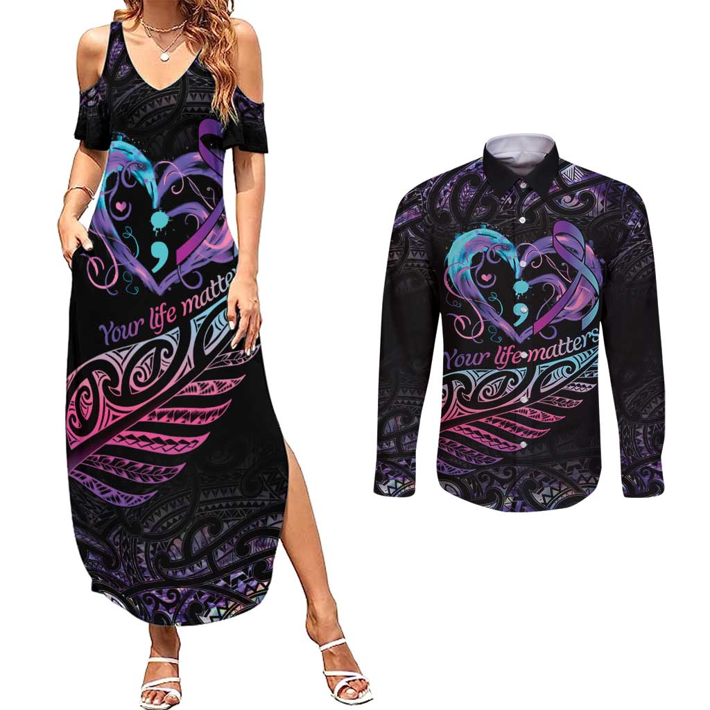Personalised Your Life Matters Couples Matching Summer Maxi Dress and Long Sleeve Button Shirt Suicide Prevention Awareness Semicolon Heart LT9 Black - Polynesian Pride