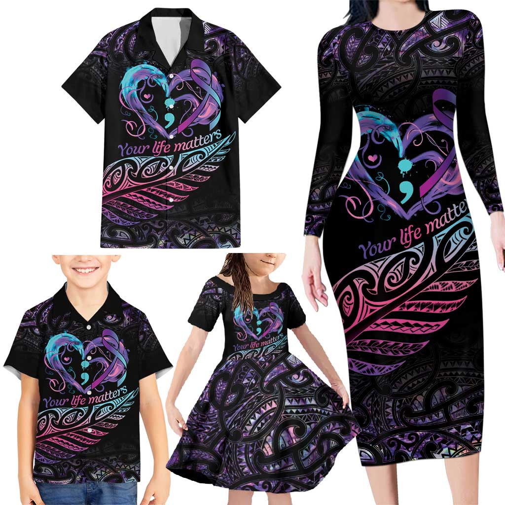 Personalised Your Life Matters Family Matching Long Sleeve Bodycon Dress and Hawaiian Shirt Suicide Prevention Awareness Semicolon Heart LT9 - Polynesian Pride