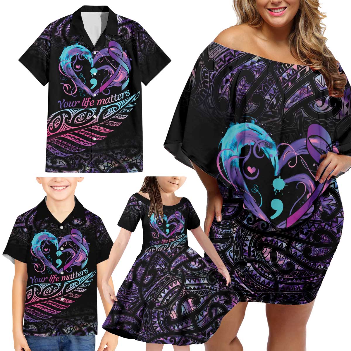 Personalised Your Life Matters Family Matching Off Shoulder Short Dress and Hawaiian Shirt Suicide Prevention Awareness Semicolon Heart LT9 - Polynesian Pride