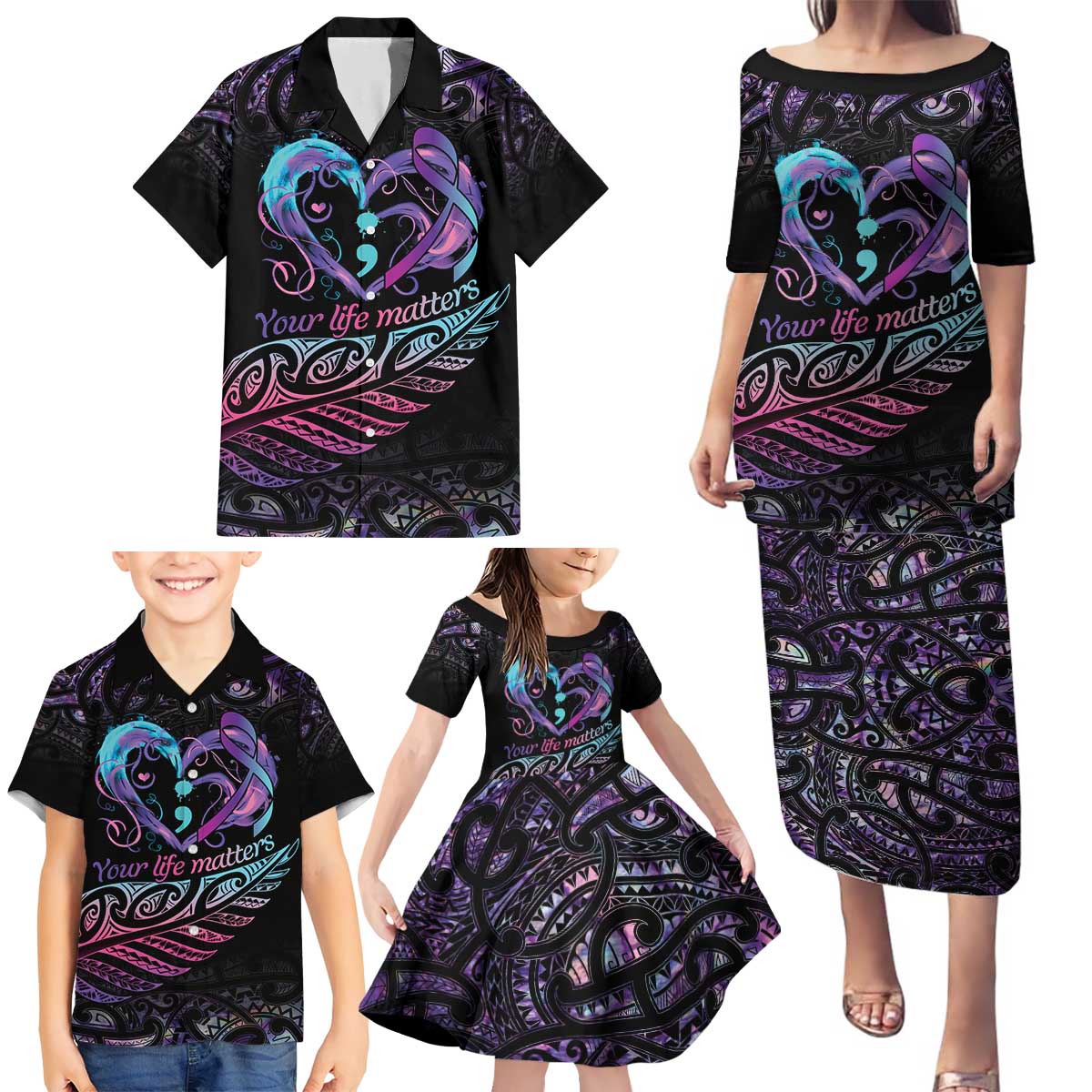 Personalised Your Life Matters Family Matching Puletasi and Hawaiian Shirt Suicide Prevention Awareness Semicolon Heart