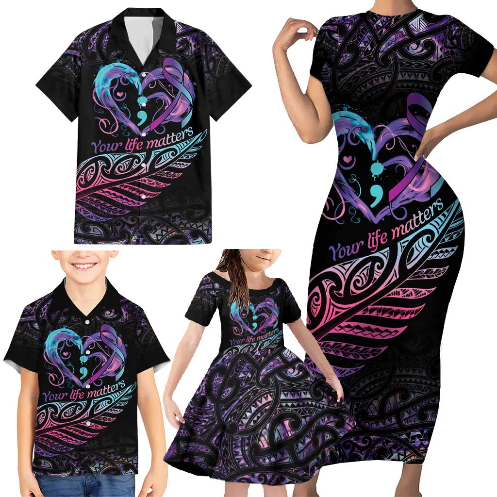 Personalised Your Life Matters Family Matching Short Sleeve Bodycon Dress and Hawaiian Shirt Suicide Prevention Awareness Semicolon Heart